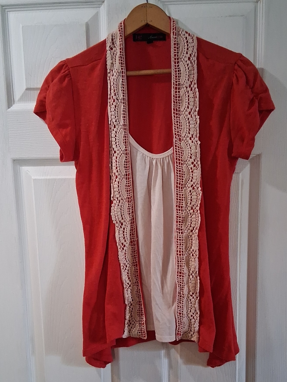 HeartSoul Red Short-Sleeve Layered Top with Cream Lace Trim Chrochet